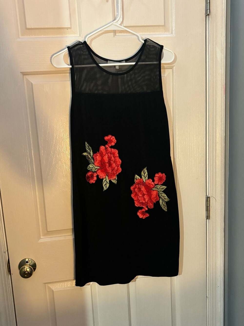 Sweet Rain Black Mesh Yoke Sleeveless Dress with Red Rose Embroidery Size XL